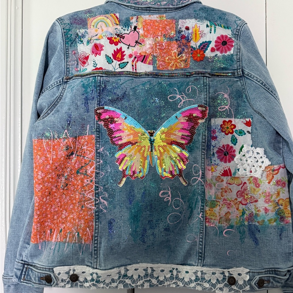 Handmade painted upcycle Butterfly Denim Jacket